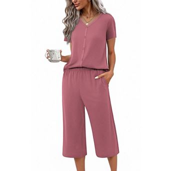 Ekouaer Women's Pajama Sets Short Sleeve Sleepwear Button Up 2 pc Pj Loungewear Top and Capri Pants