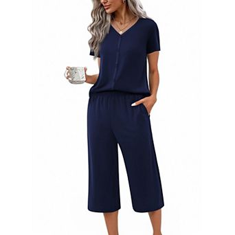 Ekouaer Women's Pajama Sets Short Sleeve Sleepwear Button Up 2 pc Pj Loungewear Top and Capri Pants