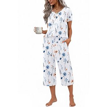 Ekouaer Women's Pajama Sets Short Sleeve Sleepwear Button Up 2 pc Pj Loungewear Top and Capri Pants