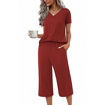 Ekouaer Women's Pajama Sets Short Sleeve Sleepwear Button Up 2 pc Pj Loungewear Top and Capri Pants
