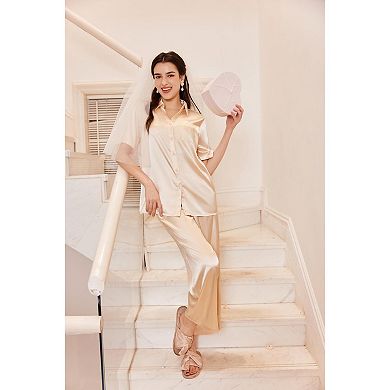 Ekouaer Silk Pajamas for Womens Set 2 Piece Satin Pjs Soft Button Down Sleepwear Wide Leg Long