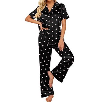 Ekouaer Silk Pajamas for Womens Set 2 pc Satin Pjs Soft Button Down Sleepwear Wide Leg Long