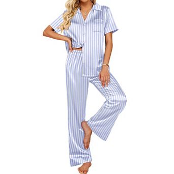 Ekouaer Silk Pajamas for Womens Set 2 pc Satin Pjs Soft Button Down Sleepwear Wide Leg Long