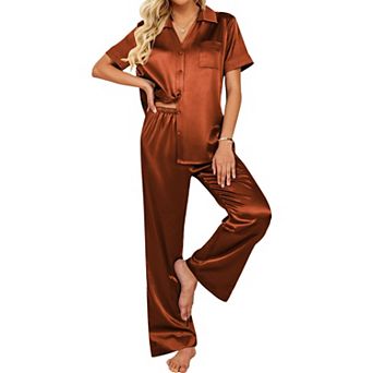 Ekouaer Silk Pajamas for Womens Set 2 pc Satin Pjs Soft Button Down Sleepwear Wide Leg Long
