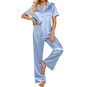 Ekouaer Silk Pajamas for Womens Set 2 pc Satin Pjs Soft Button Down Sleepwear Wide Leg Long