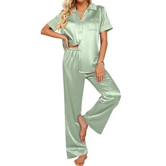 Ekouaer Silk Pajamas for Womens Set 2 pc Satin Pjs Soft Button Down Sleepwear Wide Leg Long