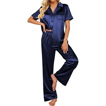 Ekouaer Silk Pajamas for Womens Set 2 pc Satin Pjs Soft Button Down Sleepwear Wide Leg Long