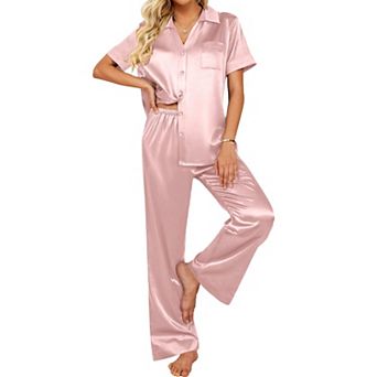 Ekouaer Silk Pajamas for Womens Set 2 pc Satin Pjs Soft Button Down Sleepwear Wide Leg Long