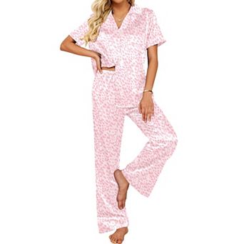 Ekouaer Silk Pajamas for Womens Set 2 pc Satin Pjs Soft Button Down Sleepwear Wide Leg Long