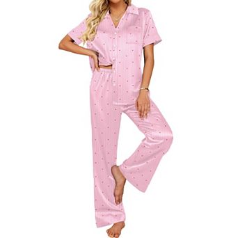 Ekouaer Silk Pajamas for Womens Set 2 pc Satin Pjs Soft Button Down Sleepwear Wide Leg Long