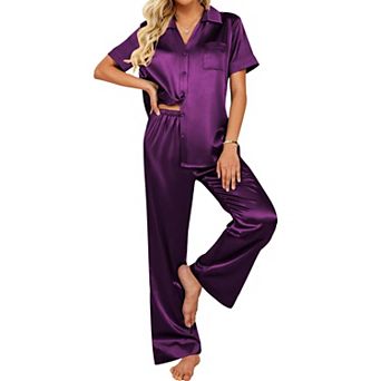Ekouaer Silk Pajamas for Womens Set 2 pc Satin Pjs Soft Button Down Sleepwear Wide Leg Long