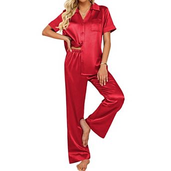 Ekouaer Silk Pajamas for Womens Set 2 pc Satin Pjs Soft Button Down Sleepwear Wide Leg Long