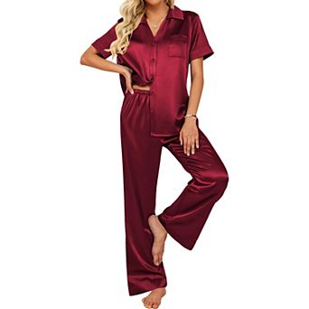 Ekouaer Silk Pajamas for Womens Set 2 pc Satin Pjs Soft Button Down Sleepwear Wide Leg Long