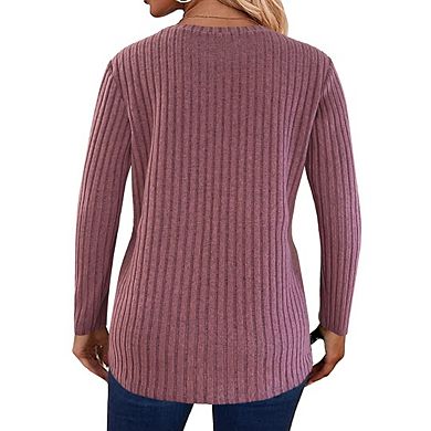 Women's Long Sleeve Knit Shirts Crew Neck Solid Color Lightweight Sweater Loose Casual Tops