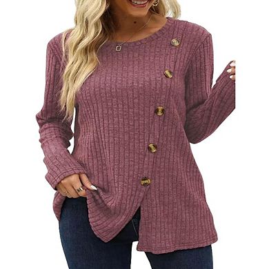 Women's Long Sleeve Knit Shirts Crew Neck Solid Color Lightweight Sweater Loose Casual Tops