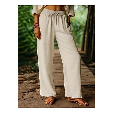 Women's Pants Drawstring Elastic Waist Casual Wide Leg Long Trousers with Pockets