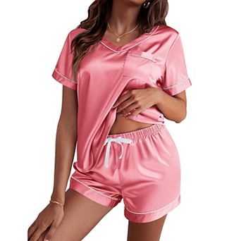 Ekouaer Women's Soft Silk Pajama Set with Short Sleeve Top