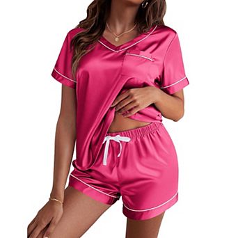 Ekouaer Silk Pajama for Women Short Sleeve Pj Set Two Piece Soft Sleepwear Loungewear Casual