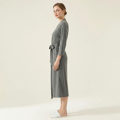 Women's Long Lightweight Robe with Shawl Collar Tie Waist Belt Front Pockets Soft Knit Robe