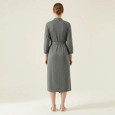 Women's Long Lightweight Robe with Shawl Collar Tie Waist Belt Front Pockets Soft Knit Robe