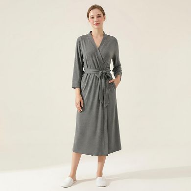 Women's Long Lightweight Robe with Shawl Collar Tie Waist Belt Front Pockets Soft Knit Robe