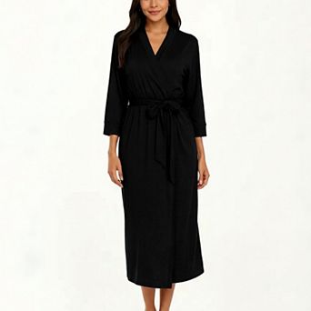 Women's Long Lightweight Robe with Shawl Collar Tie Waist Belt Front Pockets Soft Knit Robe