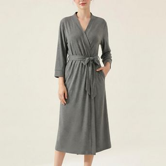 Women's Long Lightweight Robe with Shawl Collar Tie Waist Belt Front Pockets Soft Knit Robe