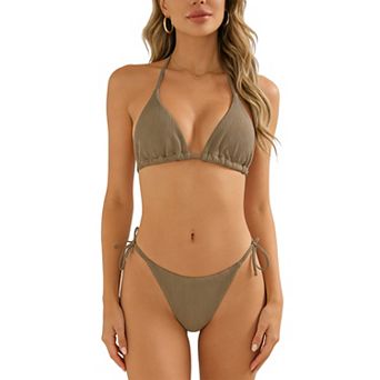 Women's Textured Halter Tie Side Bikini Set, 2 pc Ribbed Swimsuit for Beach Vacation