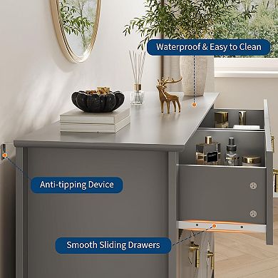 ANIXOL Fluted 6-Drawer Dresser with Metal Handles, Modern Storage Cabinet