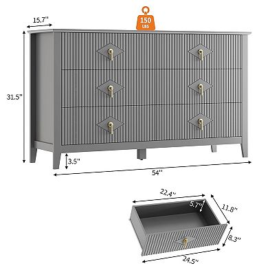 ANIXOL Fluted 6-Drawer Dresser with Metal Handles, Modern Storage Cabinet