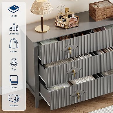 ANIXOL Fluted 6-Drawer Dresser with Metal Handles, Modern Storage Cabinet