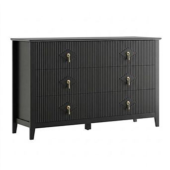 ANIXOL Fluted 6-Drawer Dresser with Metal Handles, Modern Storage Cabinet