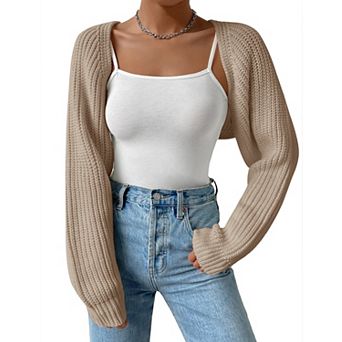 Women's Cropped Long Sleeve Shrug Cardigan Lightweight Knit Sweater