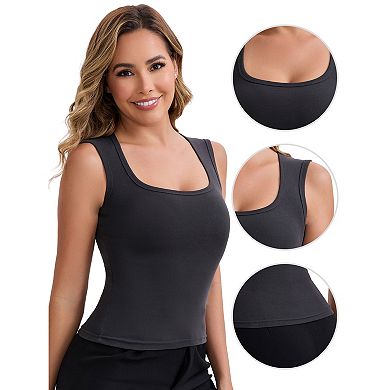 2 Packs Women's Wide Straps Square Neck Unpadded Camisole Airplane Sleeves Slimming Solid Undershirt