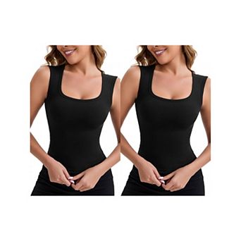 2 Packs Women's Wide Straps Square Neck Unpadded Camisole Airplane Sleeves Slimming Solid Undershirt