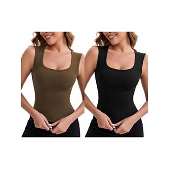 2 Packs Women's Wide Straps Square Neck Unpadded Camisole Airplane Sleeves Slimming Solid Undershirt