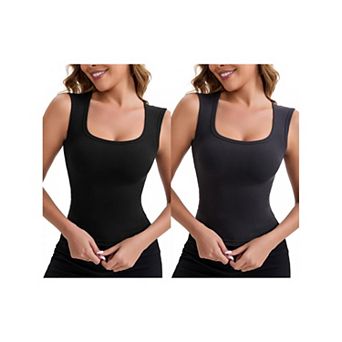 2 Packs Women's Wide Straps Square Neck Unpadded Camisole Airplane Sleeves Slimming Solid Undershirt