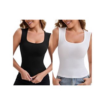 2 Packs Women's Wide Straps Square Neck Unpadded Camisole Airplane Sleeves Slimming Solid Undershirt