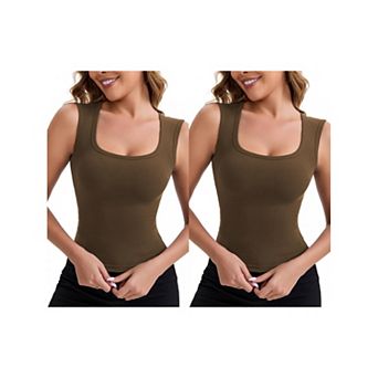 2 Packs Women's Wide Straps Square Neck Unpadded Camisole Airplane Sleeves Slimming Solid Undershirt