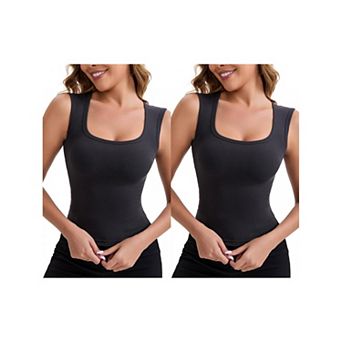 2 Packs Women's Wide Straps Square Neck Unpadded Camisole Airplane Sleeves Slimming Solid Undershirt