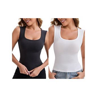 2 Packs Women's Wide Straps Square Neck Unpadded Camisole Airplane Sleeves Slimming Solid Undershirt