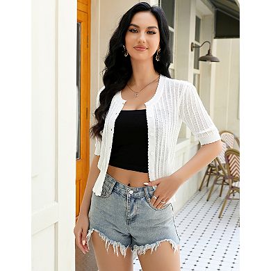 Women's Short Sleeve Button Cardigan Sweater Crewneck Striped Knit Top