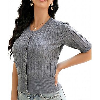 Women's Short Sleeve Button Cardigan Sweater Crewneck Striped Knit Top