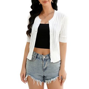 Women's Short Sleeve Button Cardigan Sweater Crewneck Striped Knit Top