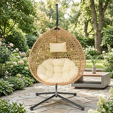 Outdoor Durable Hanging Egg Chair with Rattan Weaving and Removable Cushion