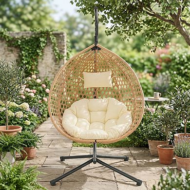 Outdoor Durable Hanging Egg Chair with Rattan Weaving and Removable Cushion