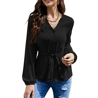 Womens V Neck Long Sleeve Blouse Business Dressy Casual Button Down Shirts Waist Tie Tops