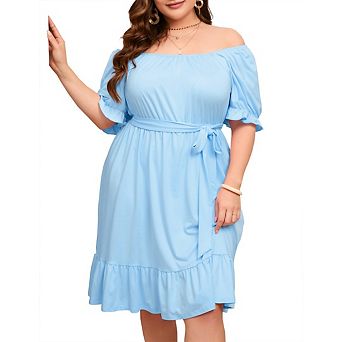 Women's Plus Size Dresses Casual Off The Shoulder Ruffle Short Sleeve Fashion Beach Vacation Dress