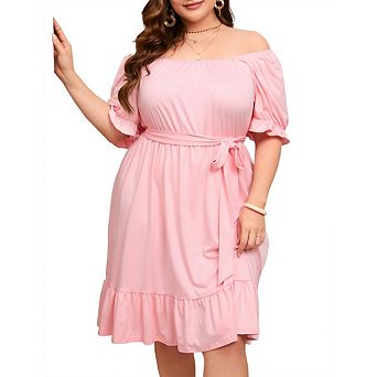 Women's Plus Size Dresses Casual Off The Shoulder Ruffle Short Sleeve Fashion Beach Vacation Dress