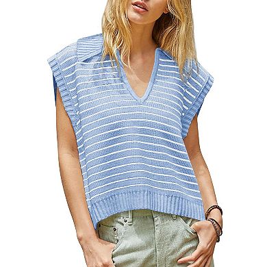 Women Oversized Striped Knit Vest Collared Pullover Loose Fit Top